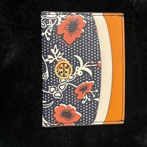 Tory Burch Navy and Orange Floral Card Holder